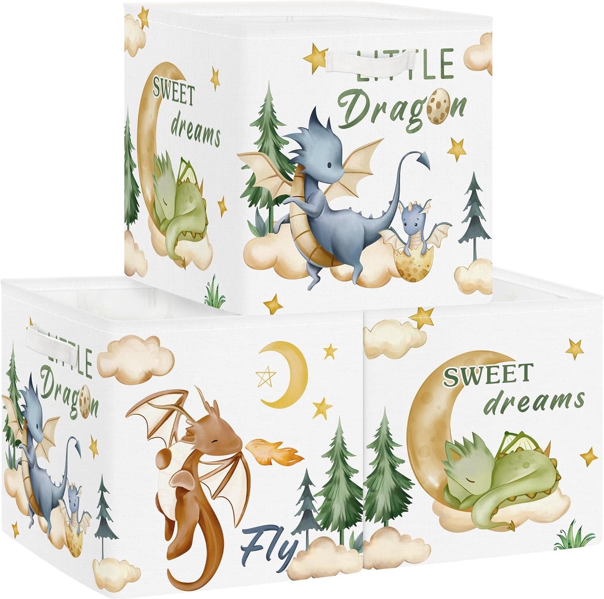 Set van 3 Opbergdozen Dinosaurus Opbergkubussen voor Kast Vulkaan Kleding Mand Speelgoedkist en Boeken voor Slaapkamer, Draak, 30x30x30 cm