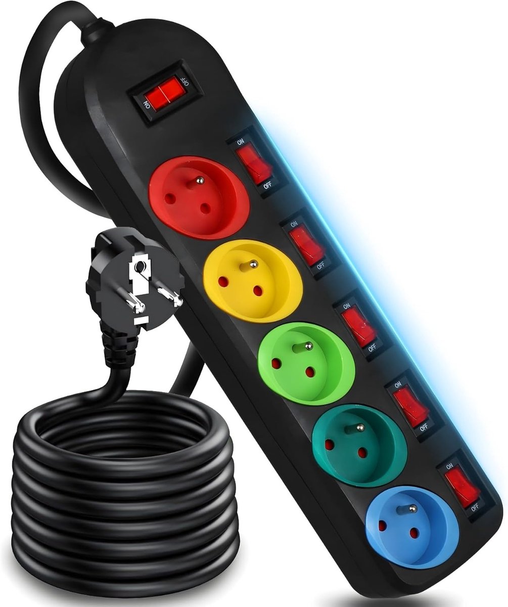 Stekkerdoos, 5-voudig, met enkele schakeling, 2 m verlengkabel, tafelstopcontact, meervoudig stopcontact, stroomstrip met schakelaar, gekleurde fittingen, 2500 W