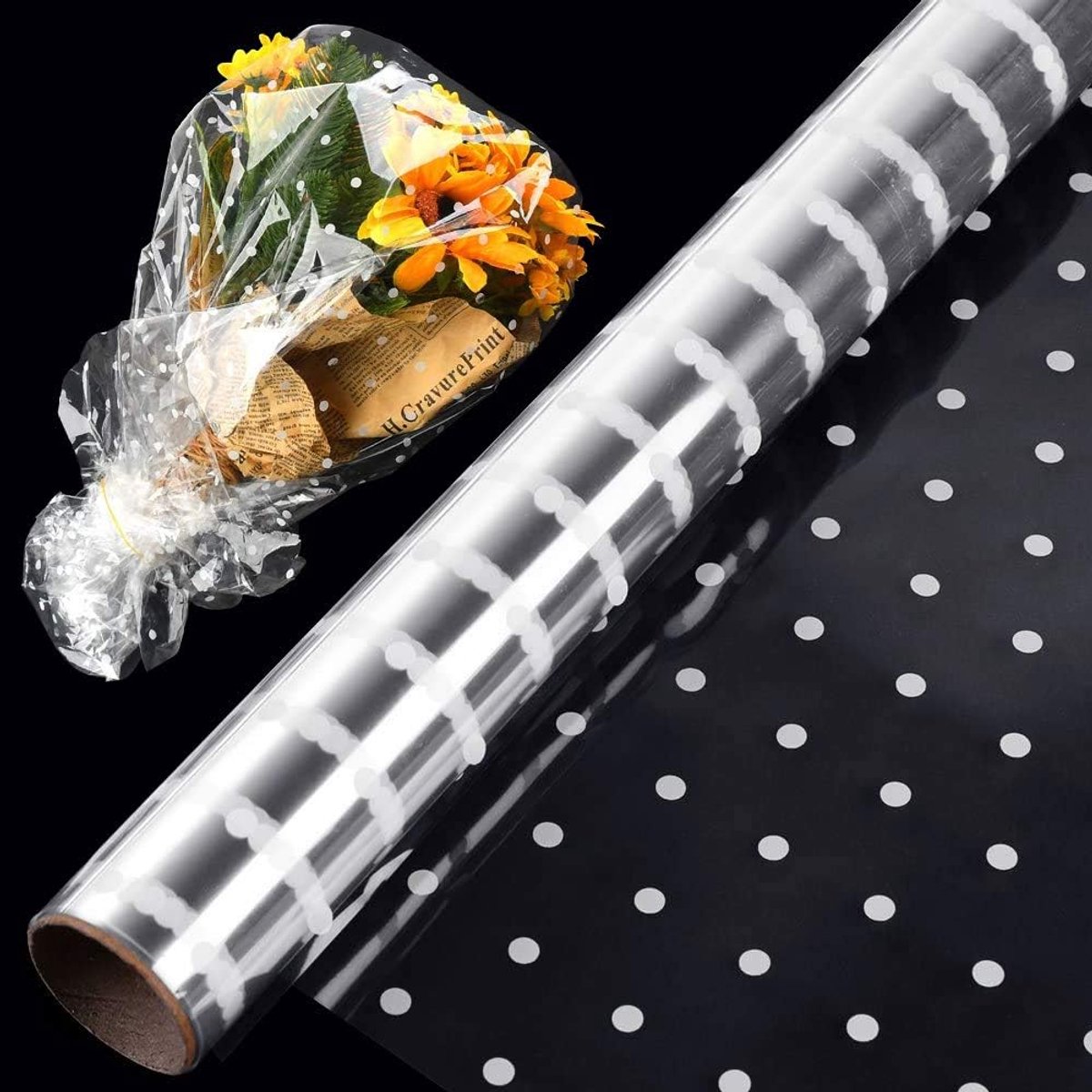 Stippen Cellofaanfolie, XCOZU 6m*40cm Cellofaanrol, Bloemist Cellofaanrollen Doorzichtig Inpakpapier voor Mand Kerstcadeaus Bruiloft Verjaardagsfeest Fruit Bloemen Boeket Knutselmand