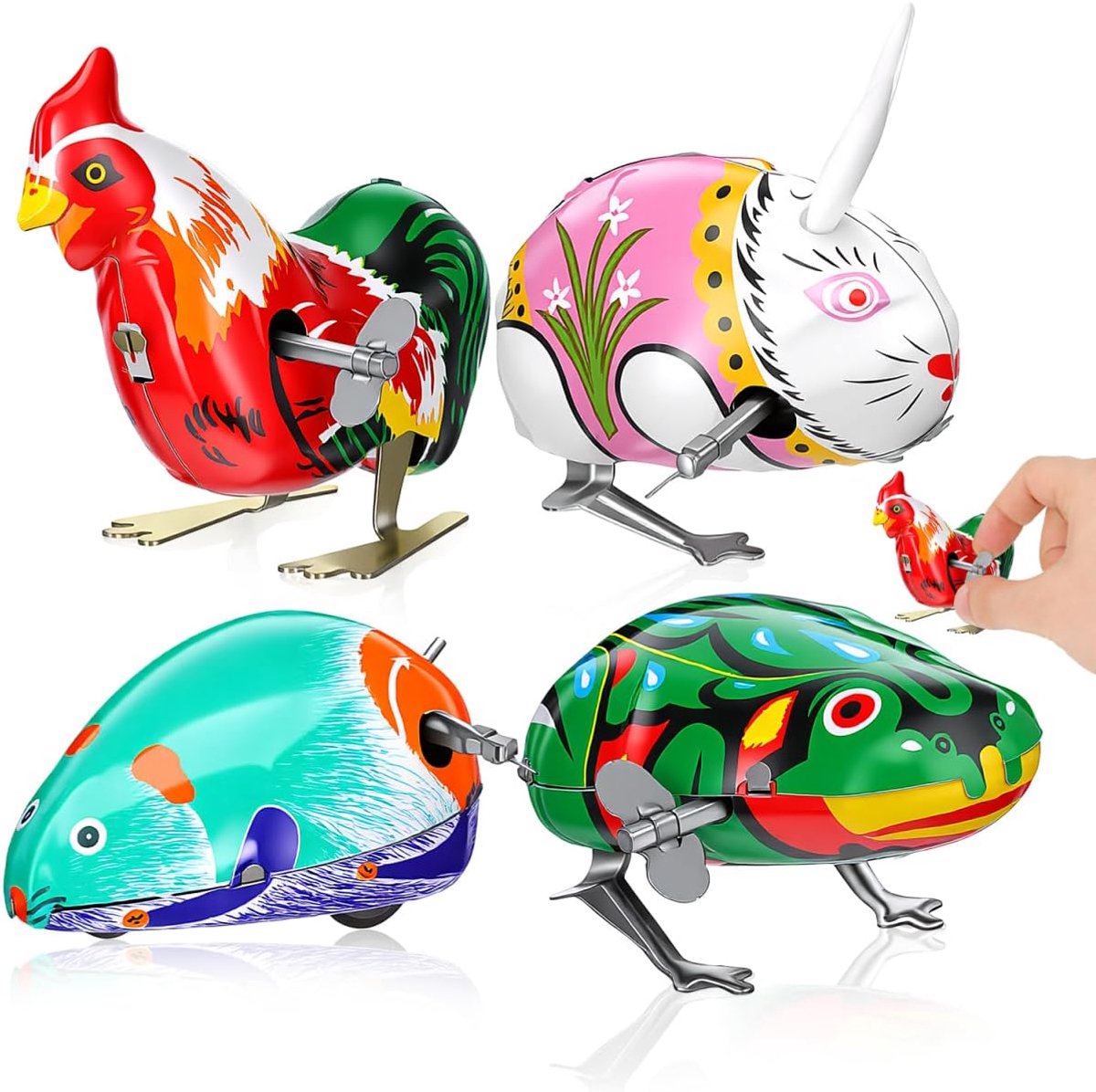 4-delig opwindspeelgoed voor windaangedreven retro dier, energiebesparend, zonder batterij, veilige metalen figuren, grappig en feestcadeautje voor peuters