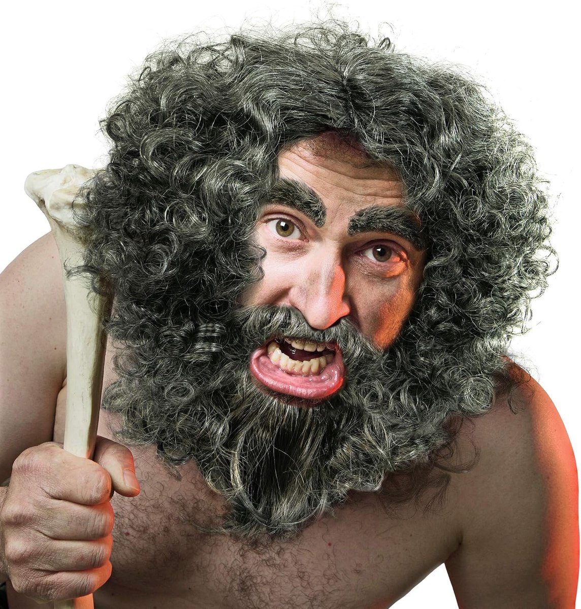 Pruik & baard + wenkbrauwen prehistorische man | Neanderthaler man | boskabouter | kluizenaar in grijs/donkergrijs voor carnaval of themafeest