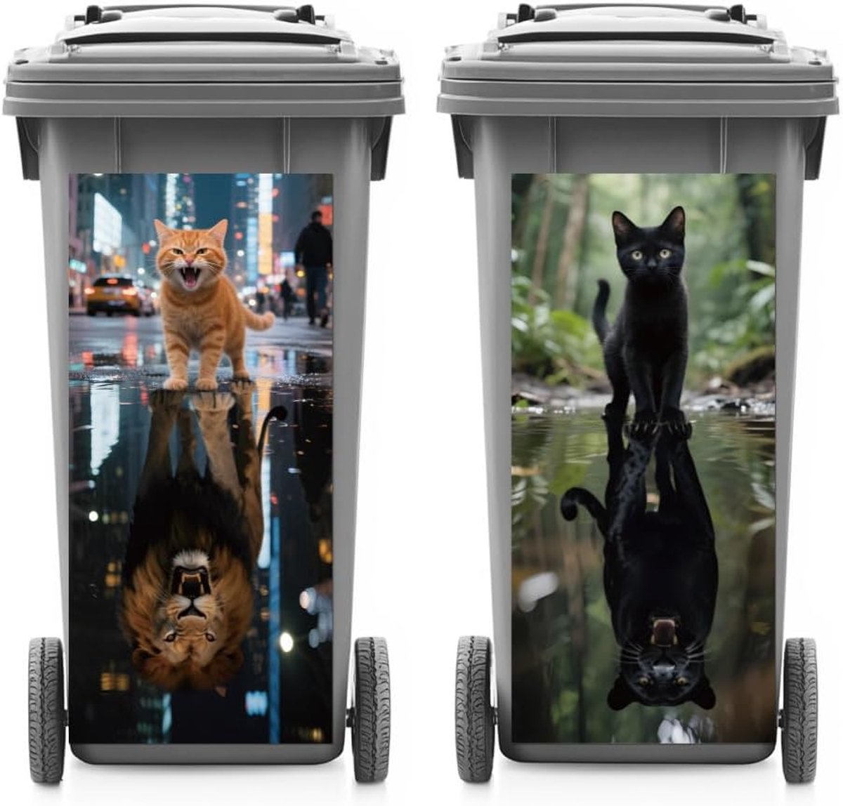 2 vellen Wheelie Bin Stickers Decoratieve Kat en Leeuw Waterdichte Vuilnisbak Covers Decor, 14,9 "x 32" Zelfklevende Grote Sticker voor Bakken, Koelkast, Muur Outdoor Indoor Decoratie