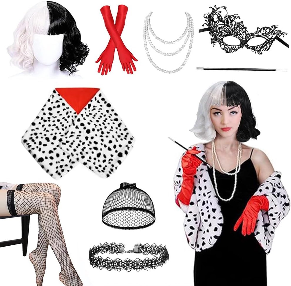 Devil kostuum voor dames, 9-delig, Cruella Devil kostuum, pruik met imitatiesjaalhandschoenen, muts, kanten masker, halsband, netkousen, houder, parelketting