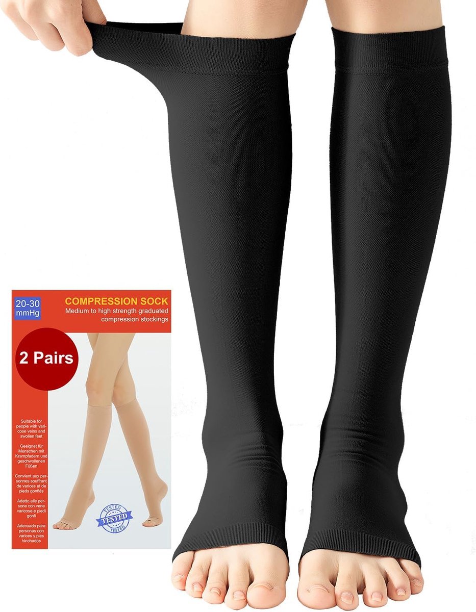 2 Paar Medische Compressiekousen Dames & Herren 20-30 mmHg, Klasse 2 | Open Teen | Gegradueerde Steun | Steunkousen tegen Oedeem, Trombose, Reizen | Zwangerschap