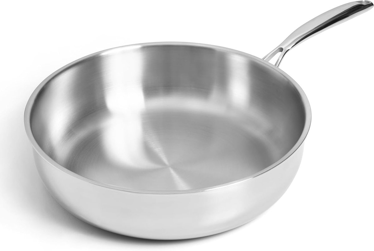 RVS Hapjespan Ø28 cm – 3-Laags Tri-Ply Roestvrij Staal – Geschikt voor Inductie en Oven tot 300°C – Zonder Coating