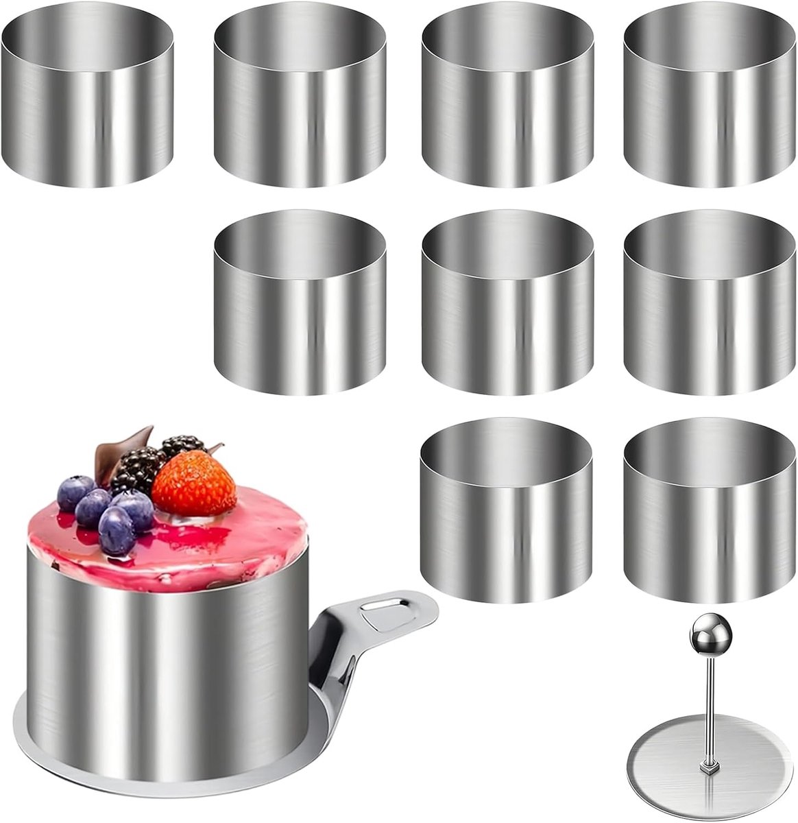 10 stuks dessertringen, dessertringen 8 cm, roestvrijstalen serveerringen, zilveren taartringenset, met basis en lifter voor doe-het-zelf cake, mousse, desserts