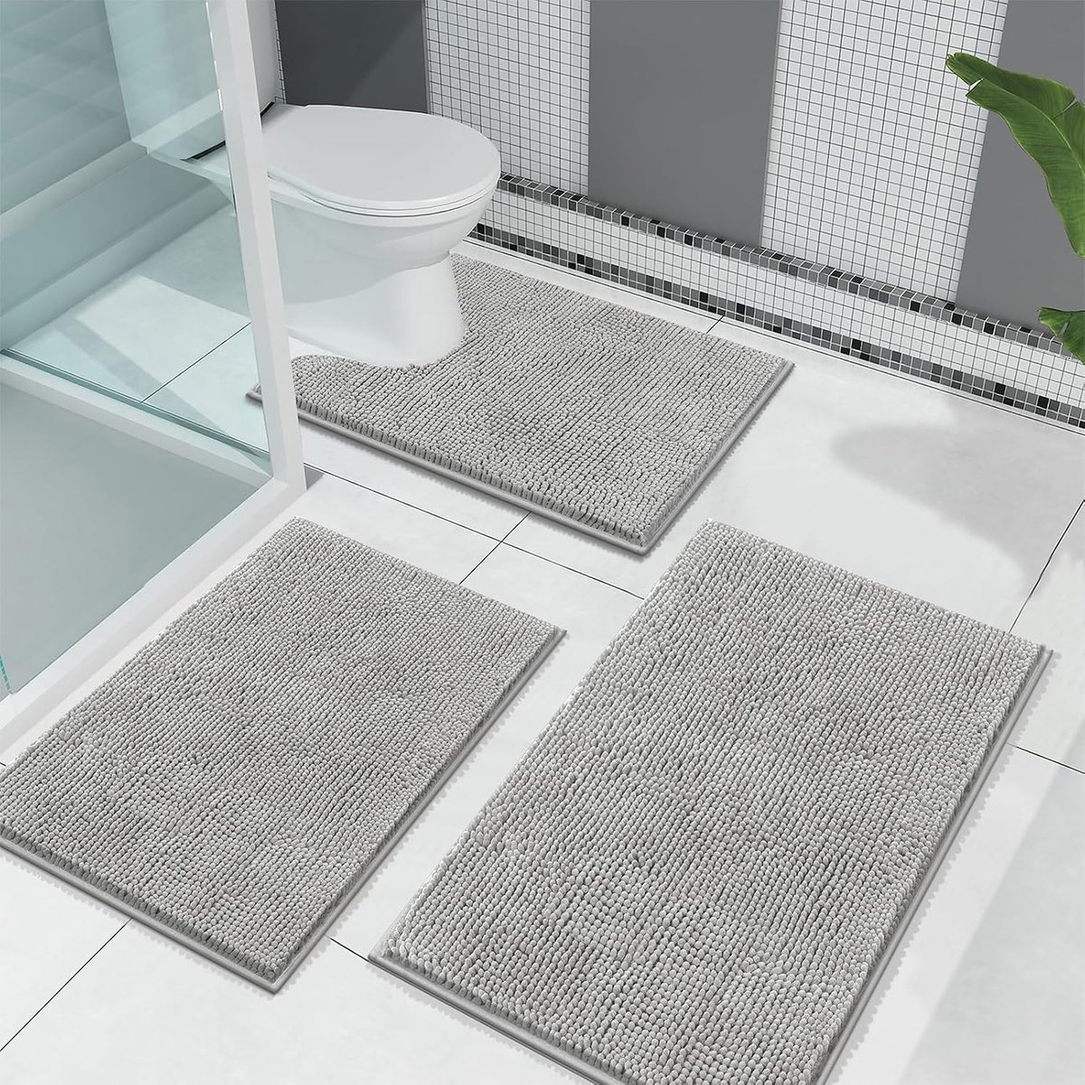 SnelShoppen - Chenille Badmatset 3 Stuks, Ultra Absorberend Antislip Badkamer Tapijten, Machinewasbaar Zacht Pluizig Badmat voor Douchevloer (Licht Gr