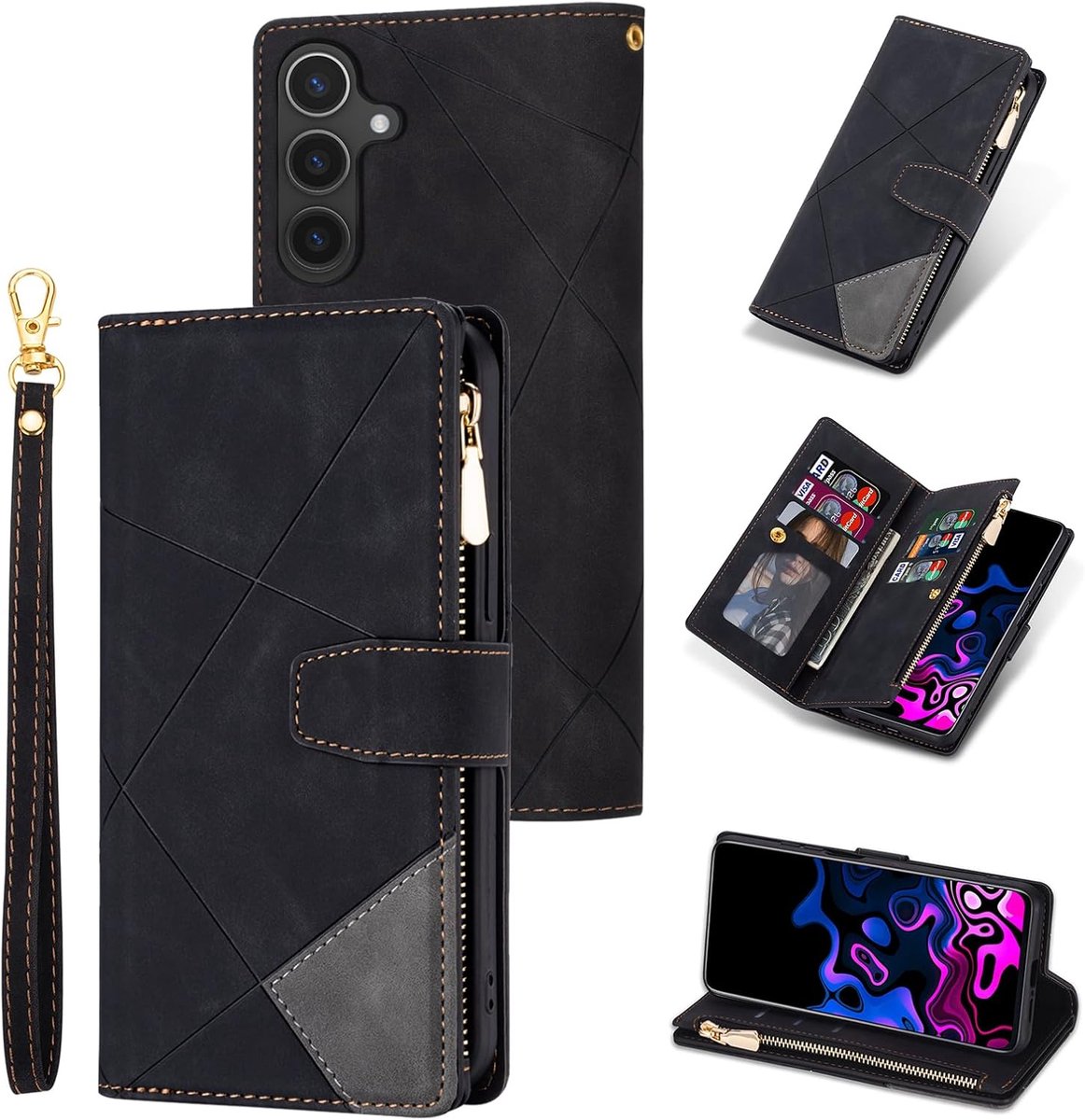 Hoes voor Samsung Galaxy A56 5G, Retro ritssluiting PU-lederen klaphoes met siliconen bumper en 9 kaartvakken, standfunctie, portemonnee, draagriem, beschermhoes, zwart ruit