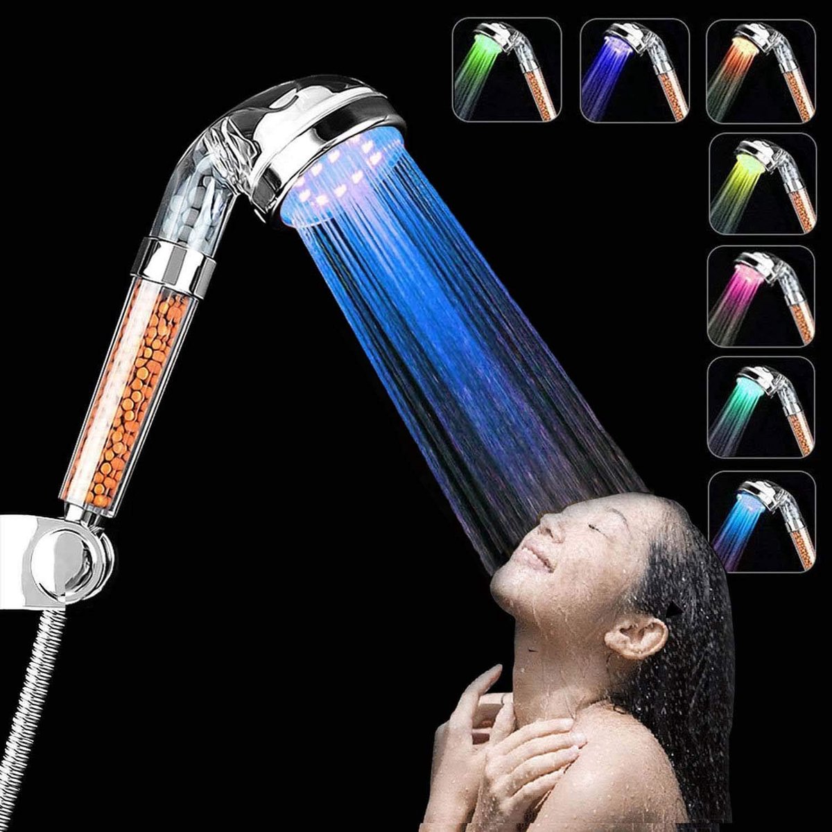 handheld hogedruk led-douchekop met 7 veranderende kleuren, waterbesparing, negatieve ionische filter douchekop (7 kleuren)