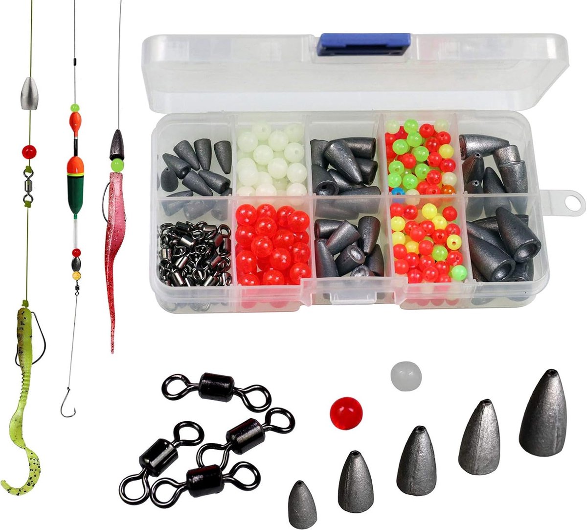 Carolina Rig Texas Rig Bass vishaken, kogelgewichten voor vishaken, rolling, vat, spinning, parels, ring met kunststof doos, Texas en Carolina Rig DIY kit, 339 delen/389-delig