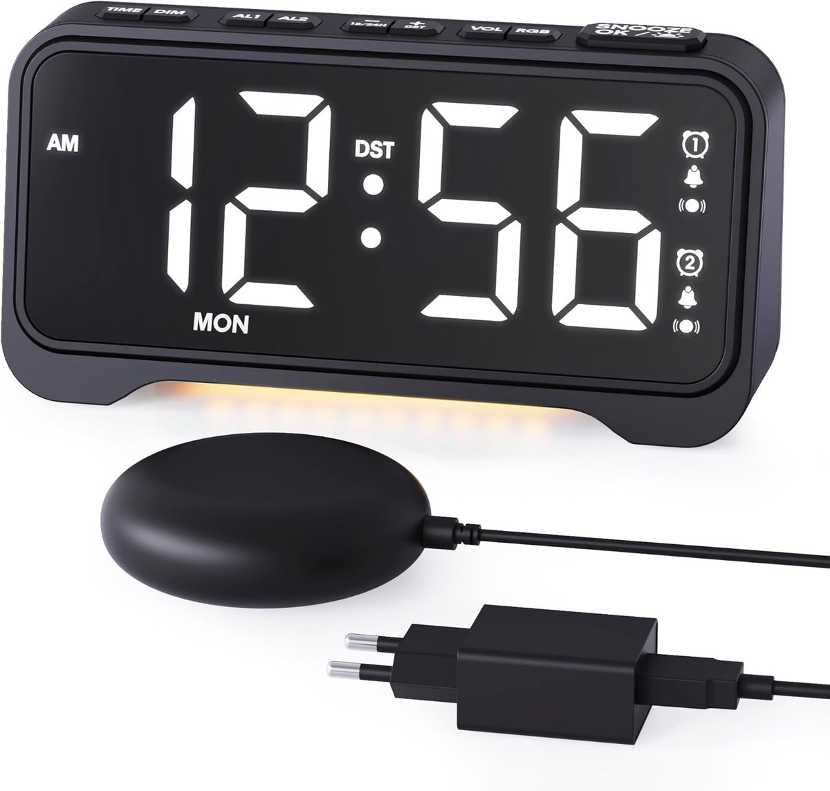 Wekker luid voor diepe slapers, digitale wekker met 3 trilniveaus & 5 volumes, trilwekker met dubbelalarm & 3 wekcycli, groot display met weekdag, nachtlampje, sluimerfunctie, USB & DST