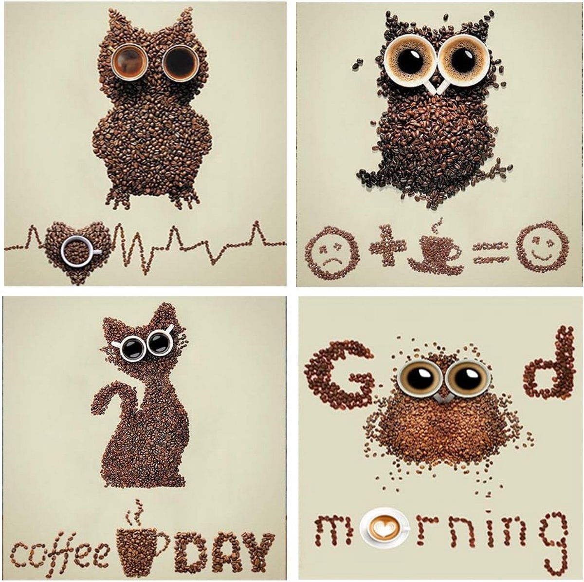 30 x 30 cm 5D 4 Set Diamant Schilderij Koffie, Kruissteek Dieren Anime, Ronde Liefde Diamant Schilderij Kits, DIY Mozaïek Kristal Ambachten Woonkamer Slaapkamer Decoratie Muursticker
