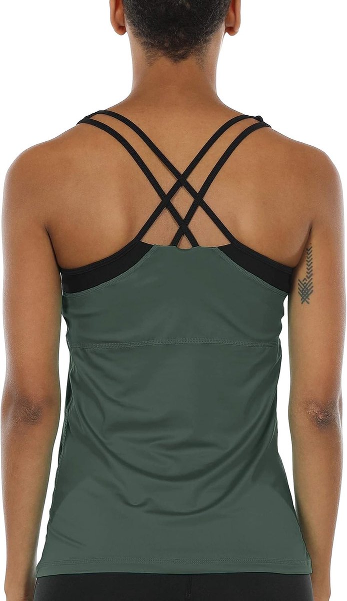 icyzone Dames 2 in 1 Sport Yoga Top Met Beha Gym Shirts Fitness Training Tank Top