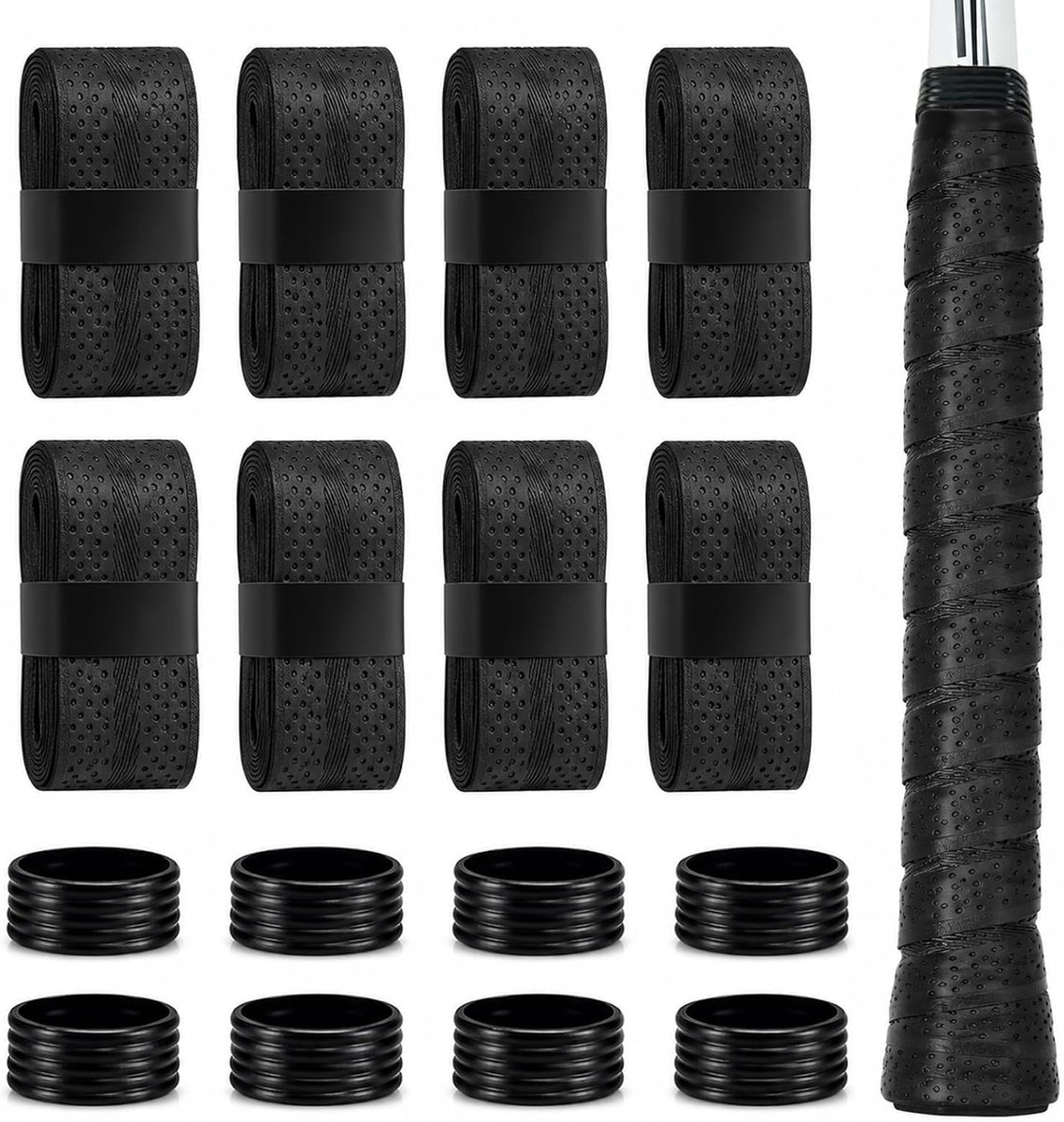 8 stuks gripbanden voor tennisrackets, badmintonrackets, gemaakt van PU-materiaal, 8 siliconen bevestigingsringen geleverd, gripband voor badmintonrackets, tennisrackets