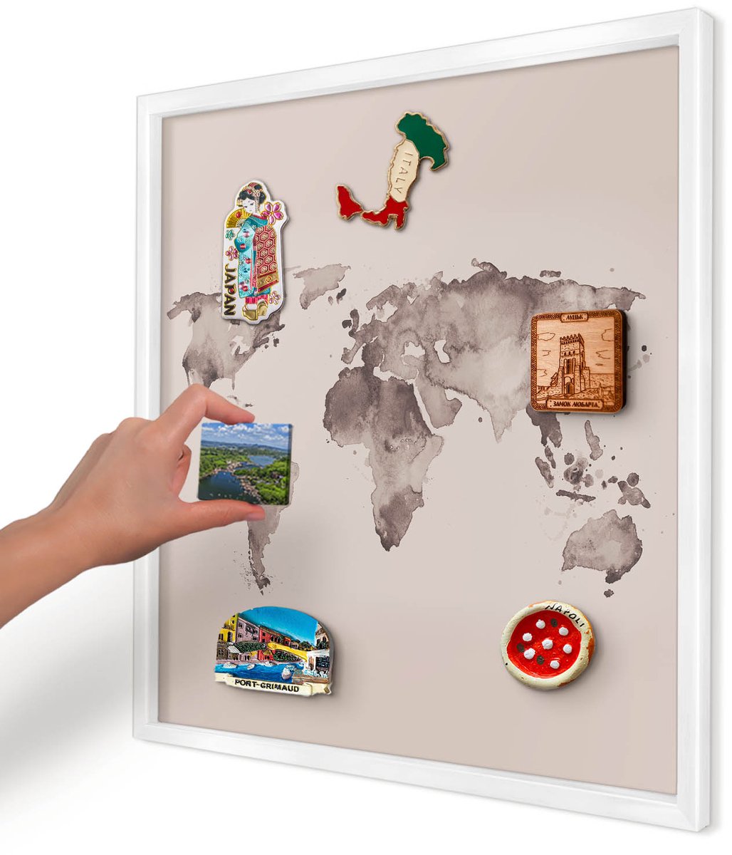 Artprintcave Bruin Magneetbord mit Witte Lijst - 50x50 cm - Wereldkaart Magneetbord Voor Keuken - Waterverf Magnetische Organizer - Kaarten