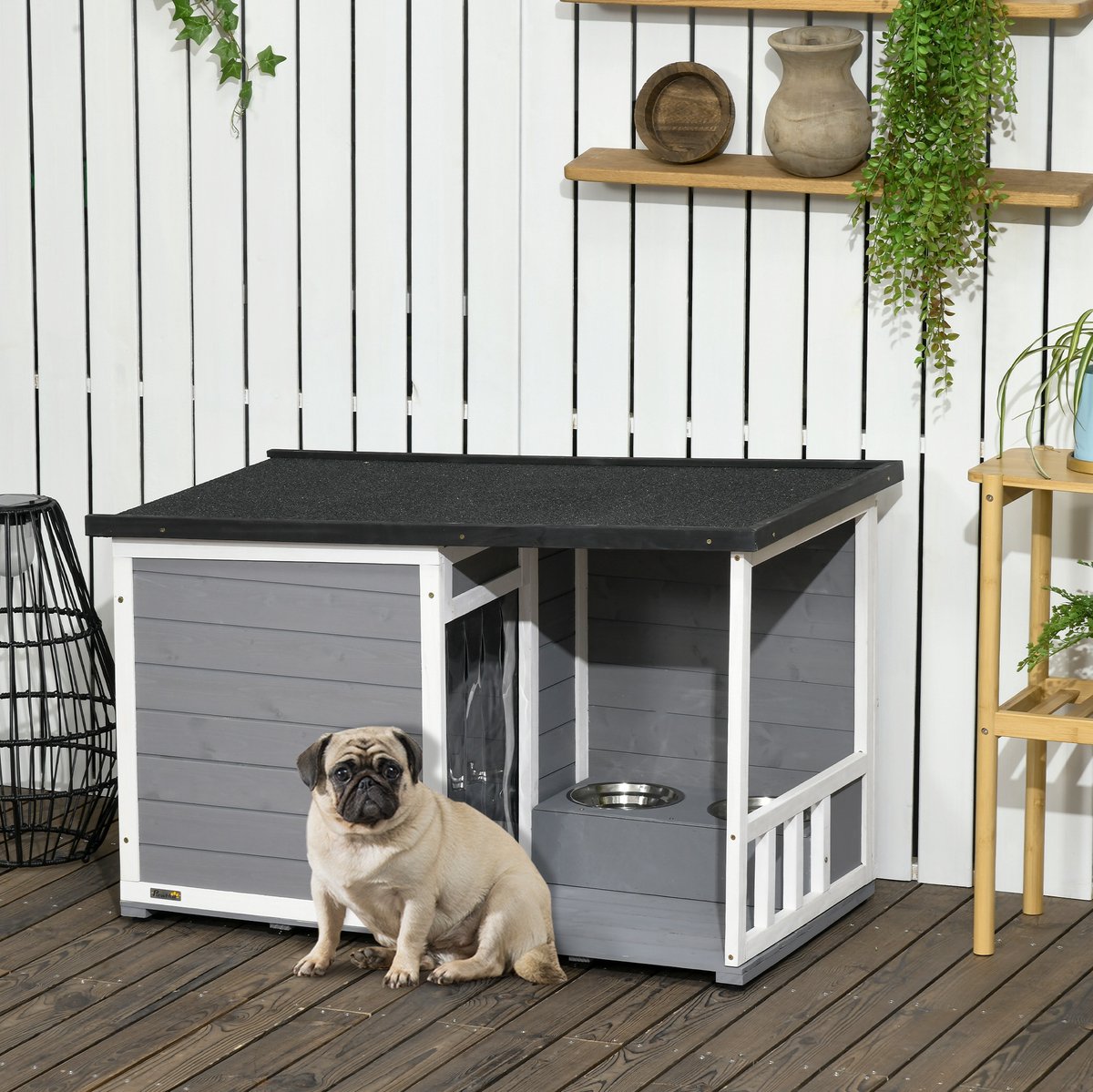 COVREO Hondenhok met terras 103x62x66 cm, zwart, hout met 2 schalen