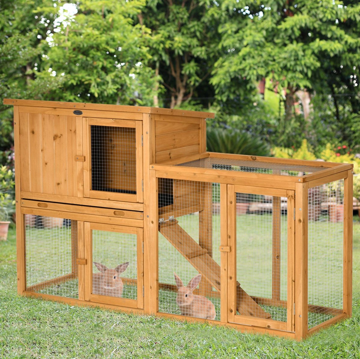 COVREO Konijnenhok 141 x 60 x 86 cm, oranje, van hout met ren en ramp