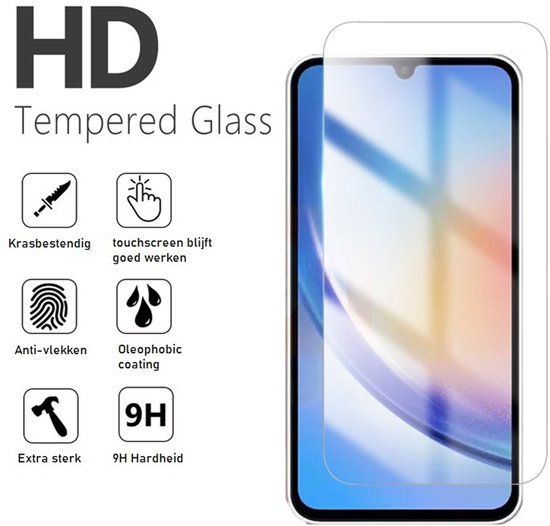 HD Tempered Glass screenprotector met Nederlandse tekst: Krasbestendig, touchscreen blijft goed werken, Anti-vlekken, Oleophobic coating, Extra sterk, 9H Hardheid.