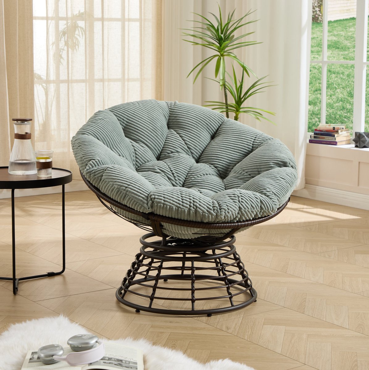 MODENUIT Fauteuil 92 x 92 x 67 cm - 360° Draaibaar Voor Woonkamer En Slaapkamer - Rotan En Stof Lichtgroen