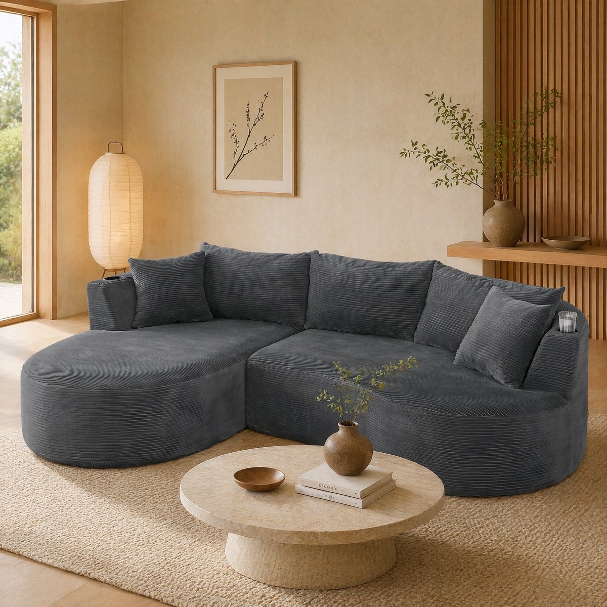 MODENUIT Hoekbank 264 x 168 cm - 3-Zits met Links Chaise Longue en Bekerhouders - Woonkamer - Stof - Grijs