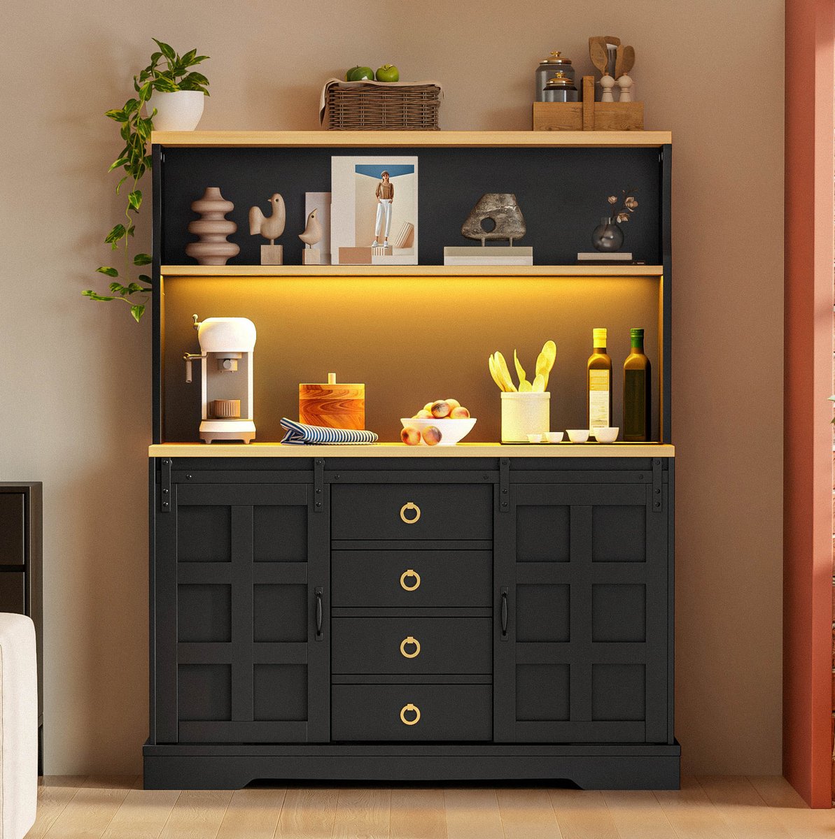 COVREO Keukenkast 120x40x150 cm zwart, MDF met 4 lades en LED