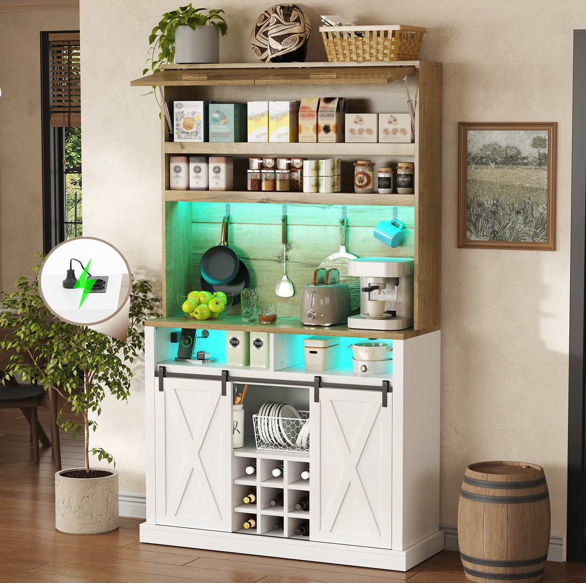COVREO Keukenkast 110x40x191 cm wit naturel, MDF met LED en vitrine