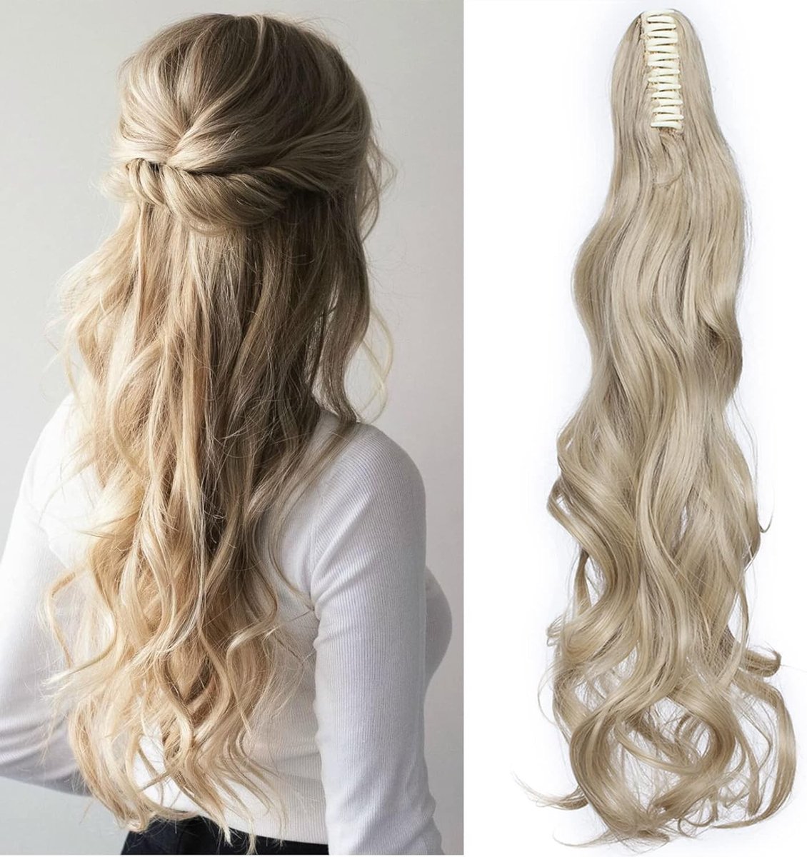 Ponytail Wavy Clip Hair Extensions 60 cm - 150 g Synthetisch Haar voor Vrouwen in Asblond en Lichtblond, Perfect voor Volumineuze Haarstijlen en Gemakkelijk in Gebruik