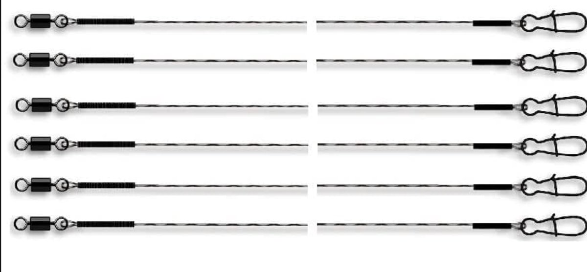 Set van 6 Powerflex 7 x 7 super zachte stalen leider met draaibaar, 9 kg, 50 cm lang en Petri Heil sticker -