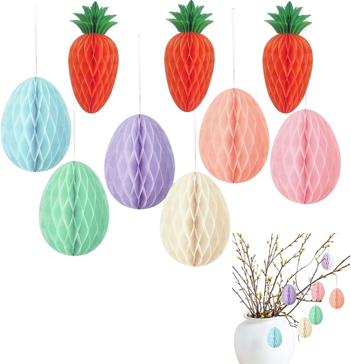 Paper Easter Honeycomb Pendant Set – 9 Piece Decoration with Colourful Easter Eggs and Carrot Pendants, for a Festive - ShopVlot