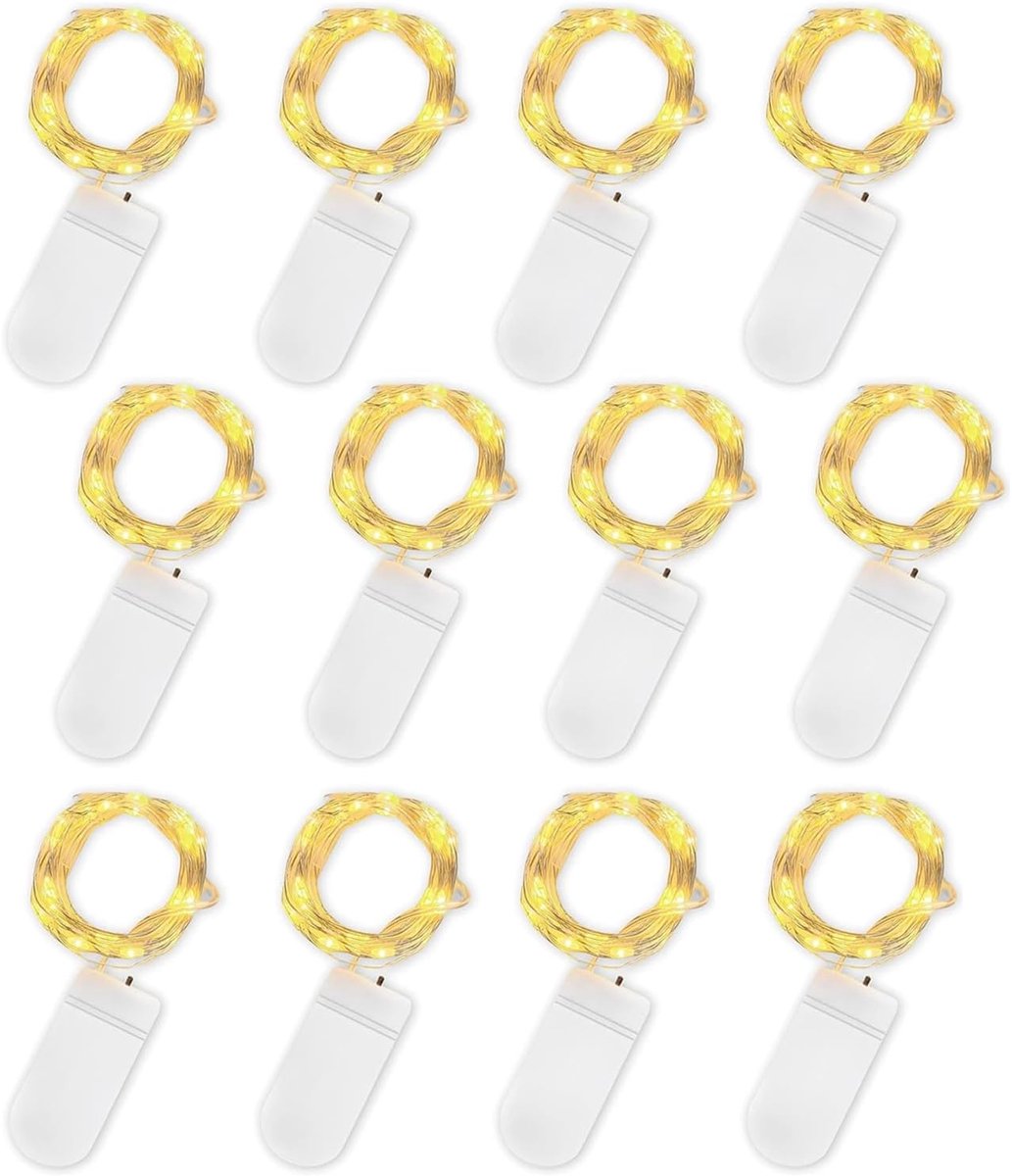 Lichtsnoeren, 12 stuks 2 m, 20 led-batterij-aangedreven lichtslingers, koperdraadlicht voor binnen en buitenverlichting, slaapkamer, bruiloftsdecoratie, feest, Kerstmis, boomdecoratie (warm wit