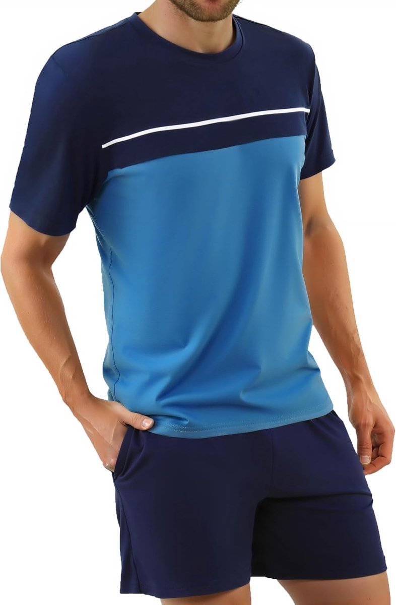 Zomerpyjama voor heren, zomer, katoen, zomerpyjama, korte mouwen en tweedelige shorts, licht en zacht, met zakken