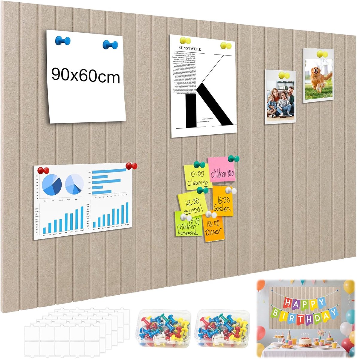 90 x 60 cm prikbord vilt 6 stuks 30 x 30 cm donker kameel decoratieve viltwand met 60 prikspelden en 40 afneembare plaktabs voor muur, woonkamer, kantoor, school, winkel