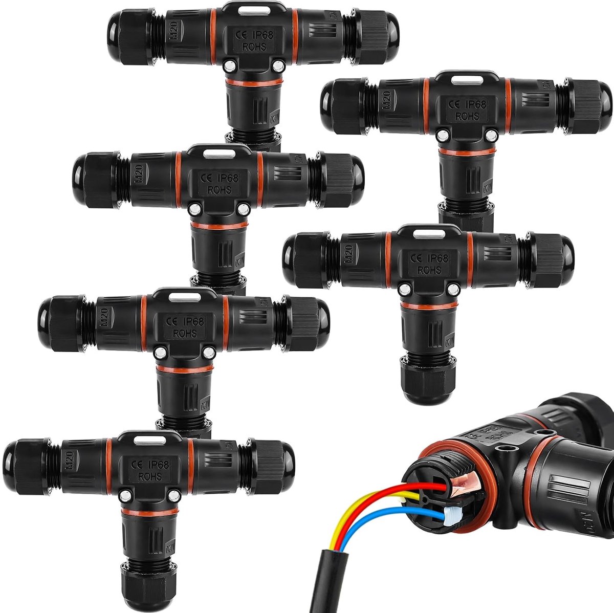 3-Pin waterdichte IP68 T-vormige kabelverbinders, 3-pack, zwart, polycarbonaat + polyamide 66, voor kabels 3-12mm, tot 450V, geschikt voor buiten, tuin, verlichting