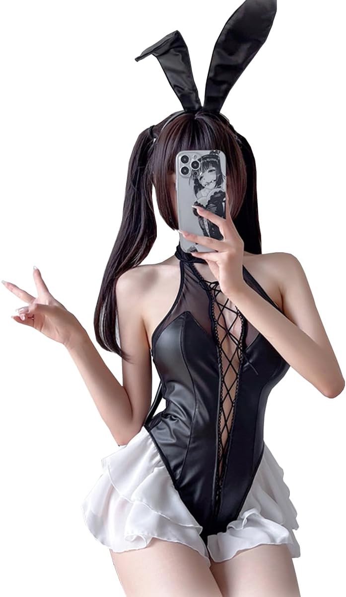 Damesondergoed met gekruiste veters, sexy lakleer, netstof, Halloween, cosplay, bunnygirl met ruches, bodysuit