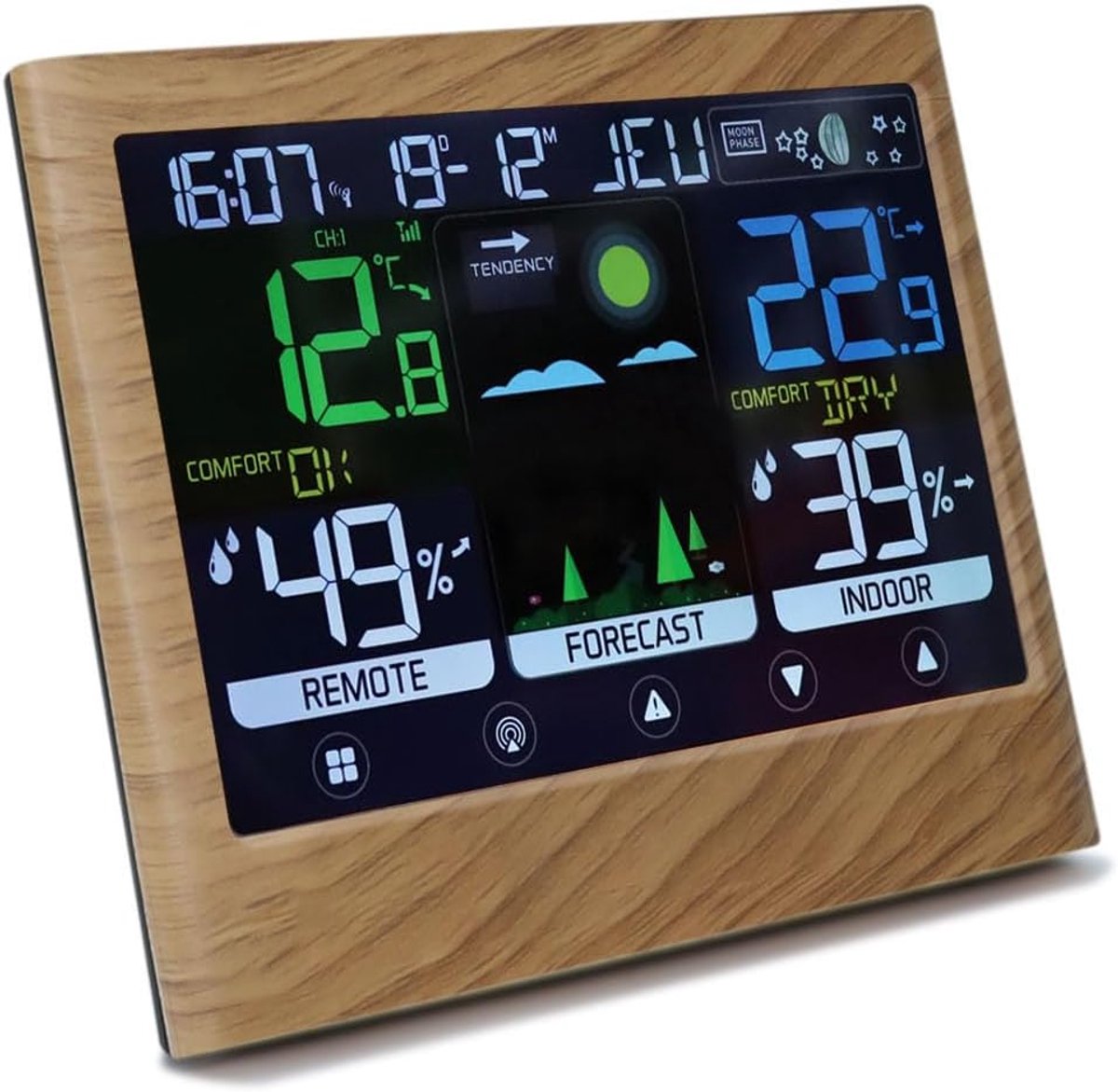SnelShoppen - Weerstation Voor Binnen Met Buitensensor - Temperatuur, Vochtigheid, Maanfase, Weersvoorspelling - Houteffect Bruin - Ideaal Voor Thuisg