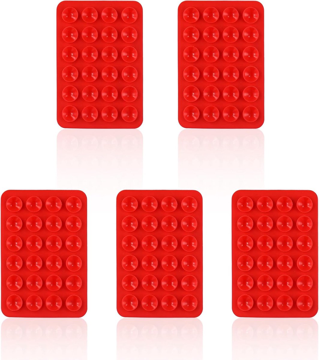 5st Telefoonzuighouders, Antislip Siliconen Zelfklevende Telefoonstandaard Telefoonhouder met 24 Zuignappen Handsfree Telefoonaccessoires Houder voor Selfies en Video's (Rood)