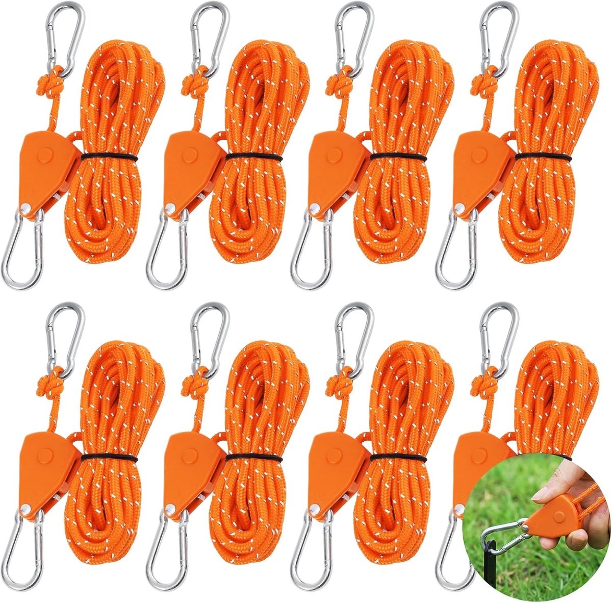 SnelShoppen - 8 stuks Katrollen met Touwrem, 4m Kabel Ratchet Verstelbare Steun Touwen φ 4mm Kabel Spanner met Karabijnhaak voor Kampeertenten