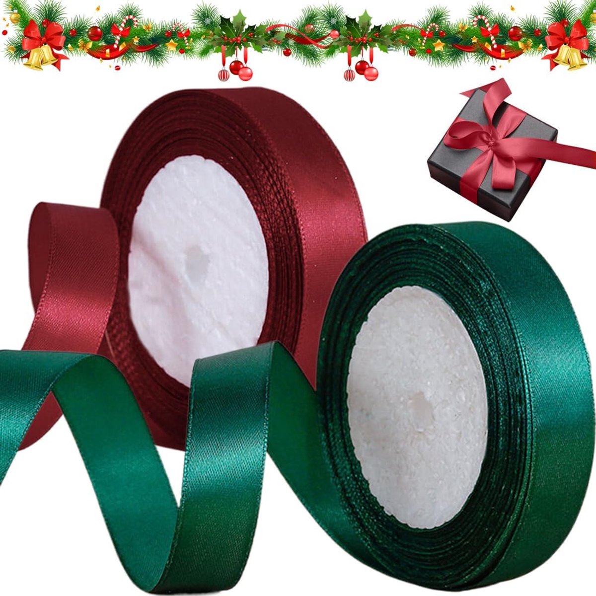 Kerstsatijnen lint, 20 mm x 22 cm, cadeaulint, breed zijden lint voor handwerk, geschenkverpakking, satijnen lint, donkerrood groen, decoratielint Kerstmis