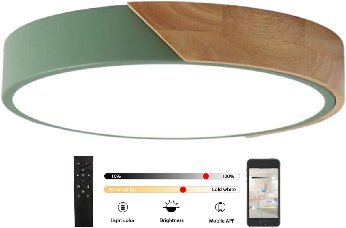 Plafondlamp, 24W Dimbare Houten Plafondverlichting, Plafondarmatuur voor Woonkamer Slaapkamer Keuken Lounge Hal 30 * 5CM 12 inch (Groen)