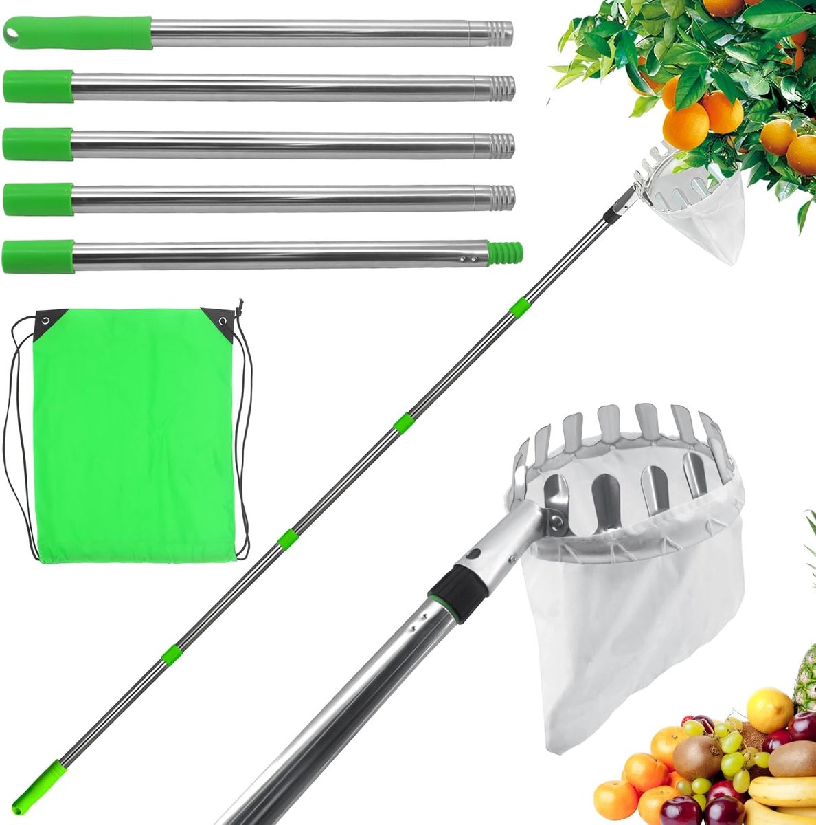 appelplukker met telescoopsteel en stoffen tas, fruitverzamelaar, diameter 16 cm, kersenplukker voor de oogst van appel, citrus, perzik, enz., 3,2 m