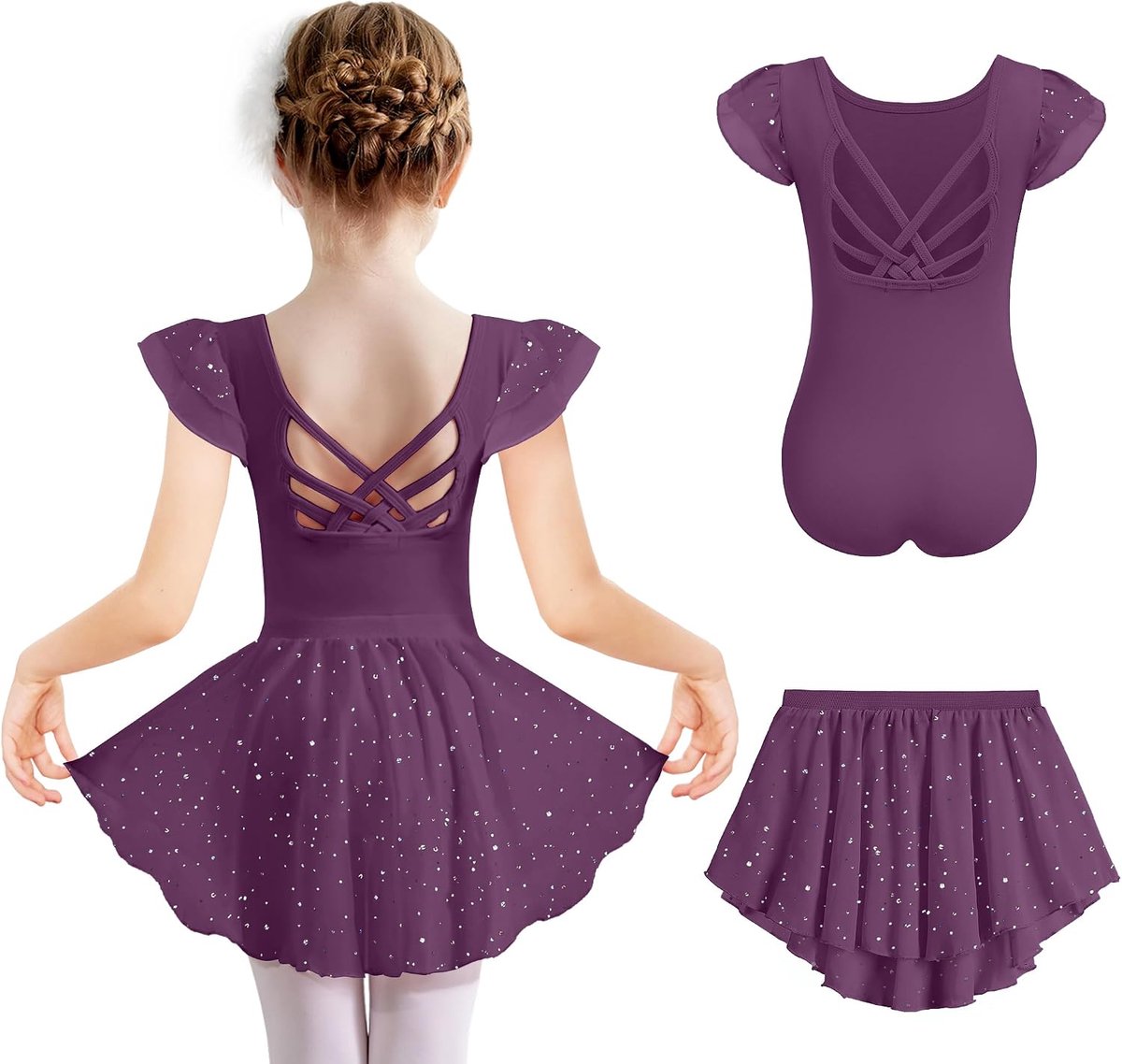 Balletkleding voor meisjes, 2-11 jaar, korte mouwen, katoen, rugloos, balletpakje voor kinderen, glitter, dansjurk, tweedelige outfit, peuter, danslichaam met chiffonrok, tutu