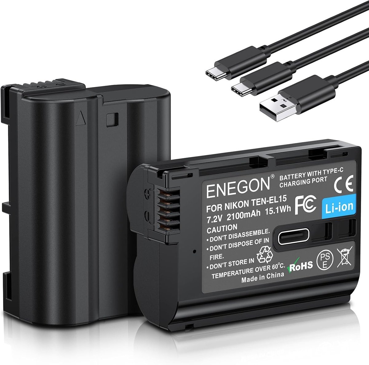 Vervangende USB-C Oplaadbare Batterijen 2100mAh (2-Pack) voor Nikon Camera's met 2-in-1 Oplaadkabel voor EN-EL15 en D-Series Modellen