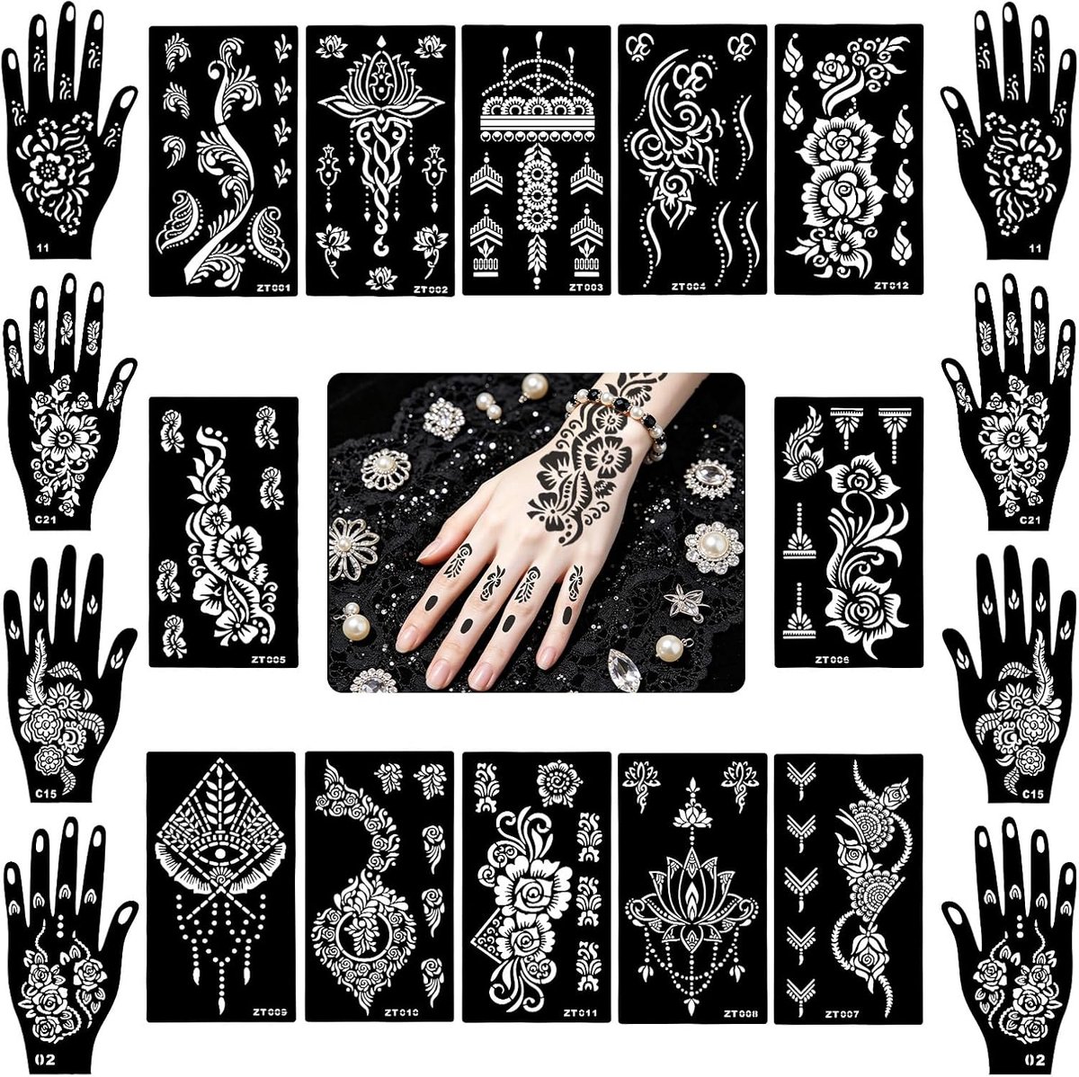 Tijdelijke henna tattoo stencils, henna tattoo vellen voor vrouwen, meisjes en tieners - Gezichtsverf en body art (B)
