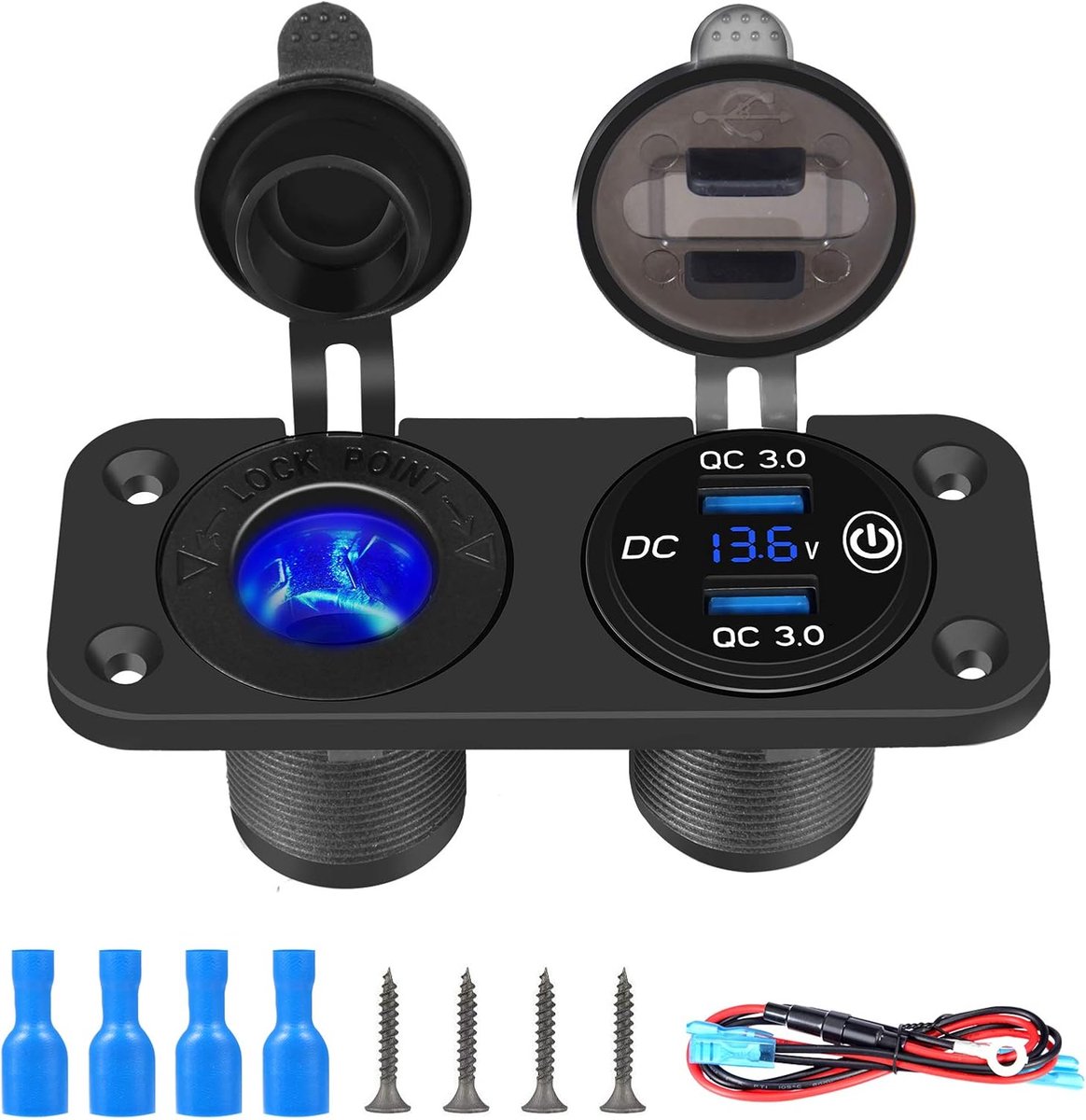 QC 3.0 Car USB oplaadbus sigarettenaansteker 12V/24V stopcontact met LED digitale voltmeter en aanraakschakelaar voor auto, boot, scheepvaart