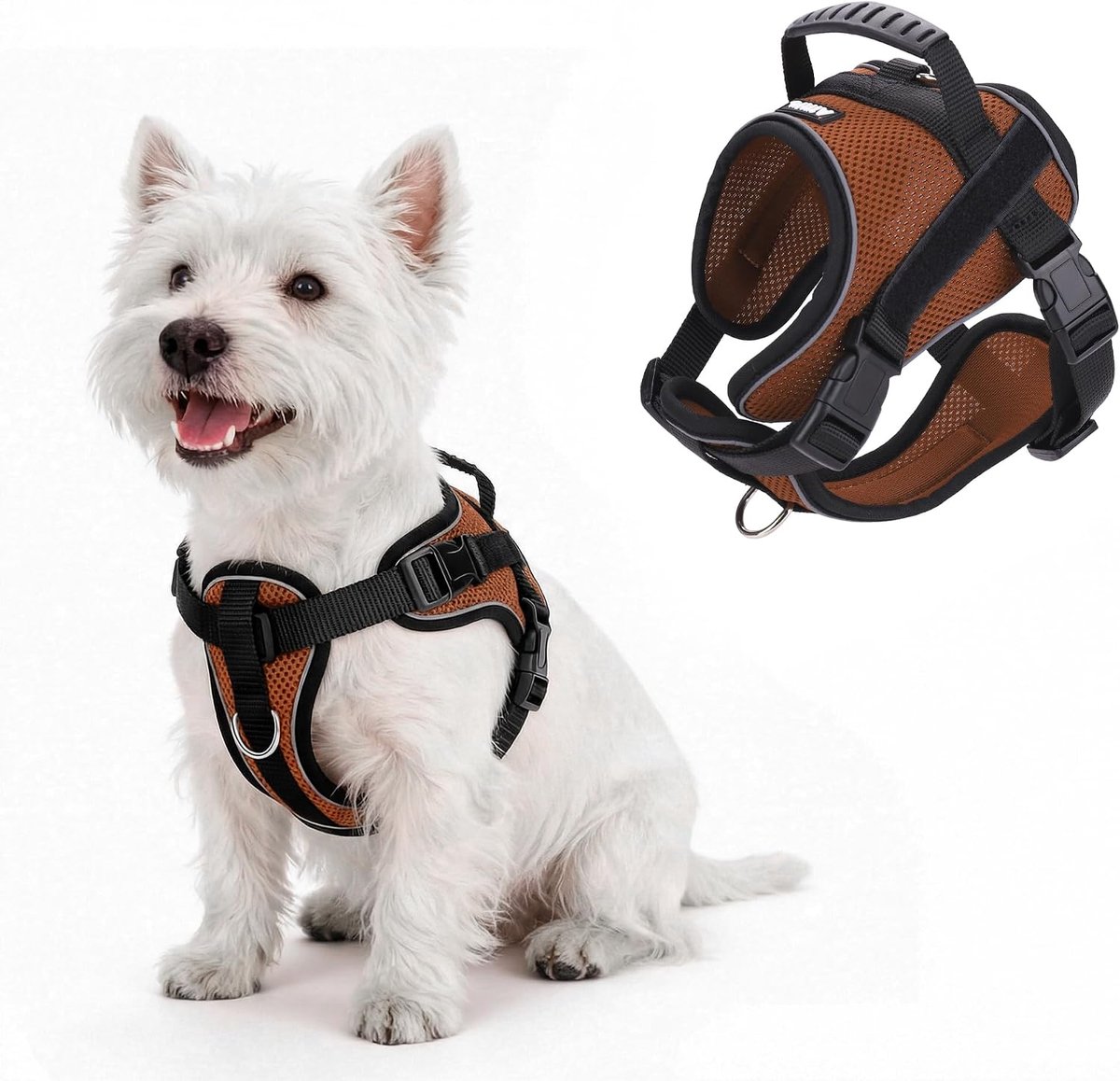 Reflecterend hondenharnas met handvat, zacht, comfortabel, voor alle weersomstandigheden, gaasdoek, ademend, verstelbaar, puppyharnas voor kleine, middelgrote honden (bruin, S)