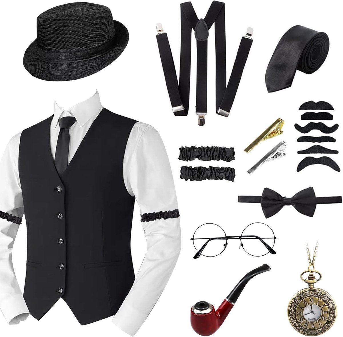 Stijlvol 1920s Gatsby Gangster Kostuum met Hoed, Zakhorloge en Metalen Brilaccessoires voor Feestjes en Themadagen