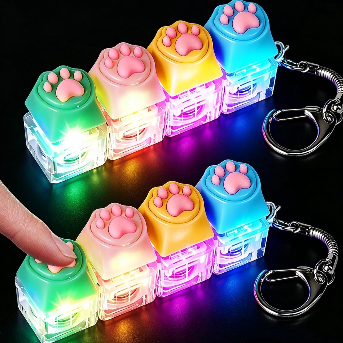2 stuks kattenpoot-toetsenbord, fidget, mini-toetsenbord met 4 toetsen, led met licht, siliconen, gemengde kleuren, fidget toys, toetsenbordhanger, anti-stress, grappige dingen, sensorisch speelgoed