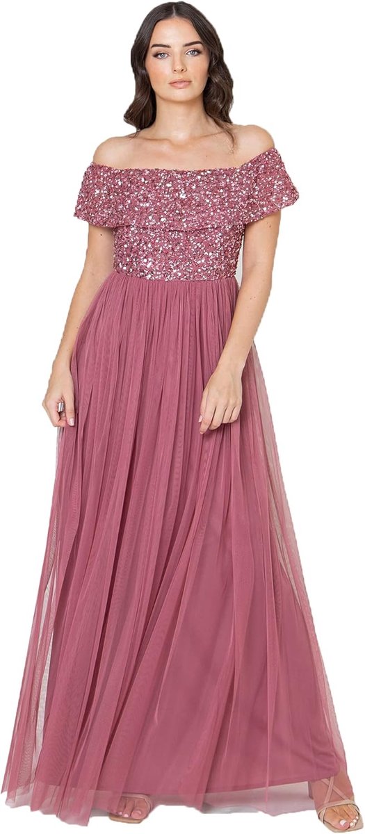 Deluxe Dames Bardot Jurk voor Vrouwen Maxi Versierd Hight Empire Taille Mouwloze Tule voor Bruiloft Gast Prom Graduation dames Bruidsmeisjesjurk (1-Pack)