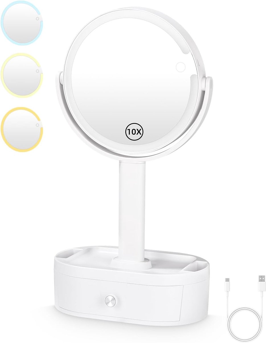 Make-upspiegel met ledverlichting, type C, oplaadbare make-upspiegel met aanraakschakelaar, 3 gekleurde verlichting, tafelspiegel, make-upspiegel met licht, scheren en gezichtsverzorging