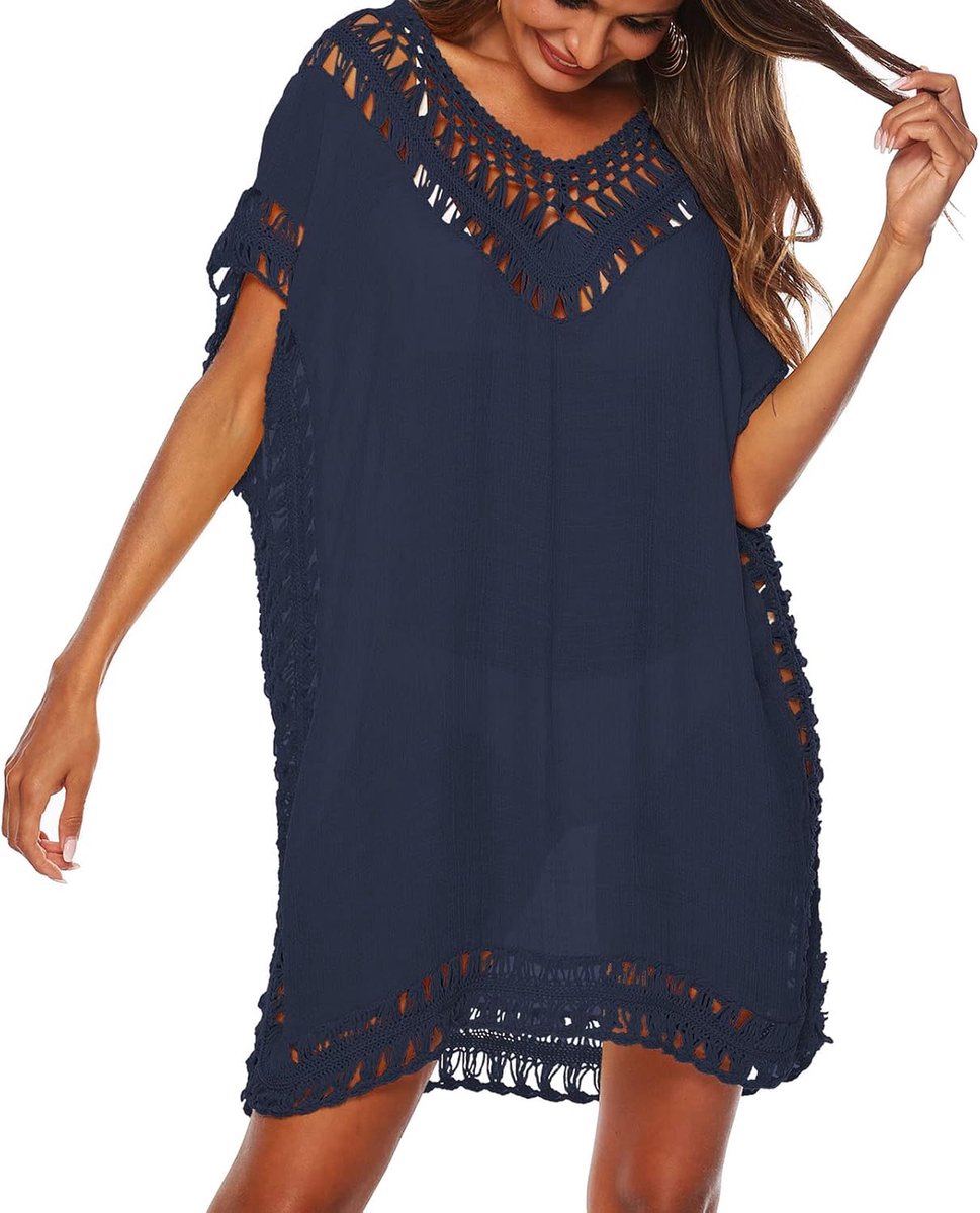 Strandjurk voor dames, bikini cover-up, zomer, strandponcho, strandvakantie, badpak, V-hals, beachwear, bikini cover-ups, Donkerblauw, Eén maat